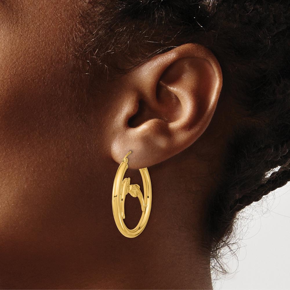 14K Yellow Gold Polished Dolphin Hoop Earrings - 32.52mm Length by 0