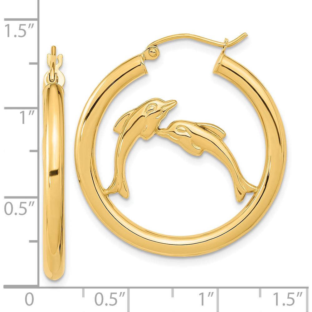 14K Yellow Gold Polished Dolphin Hoop Earrings - 32.52mm Length by 0