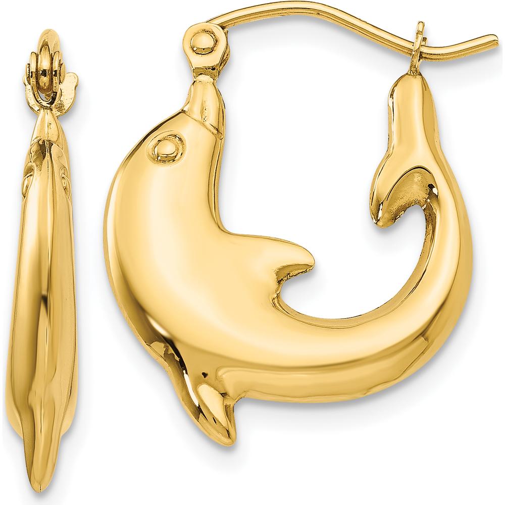 14K Yellow Gold Polished Dolphin Hoop Earrings - Unique Shrimp Style Design by 0