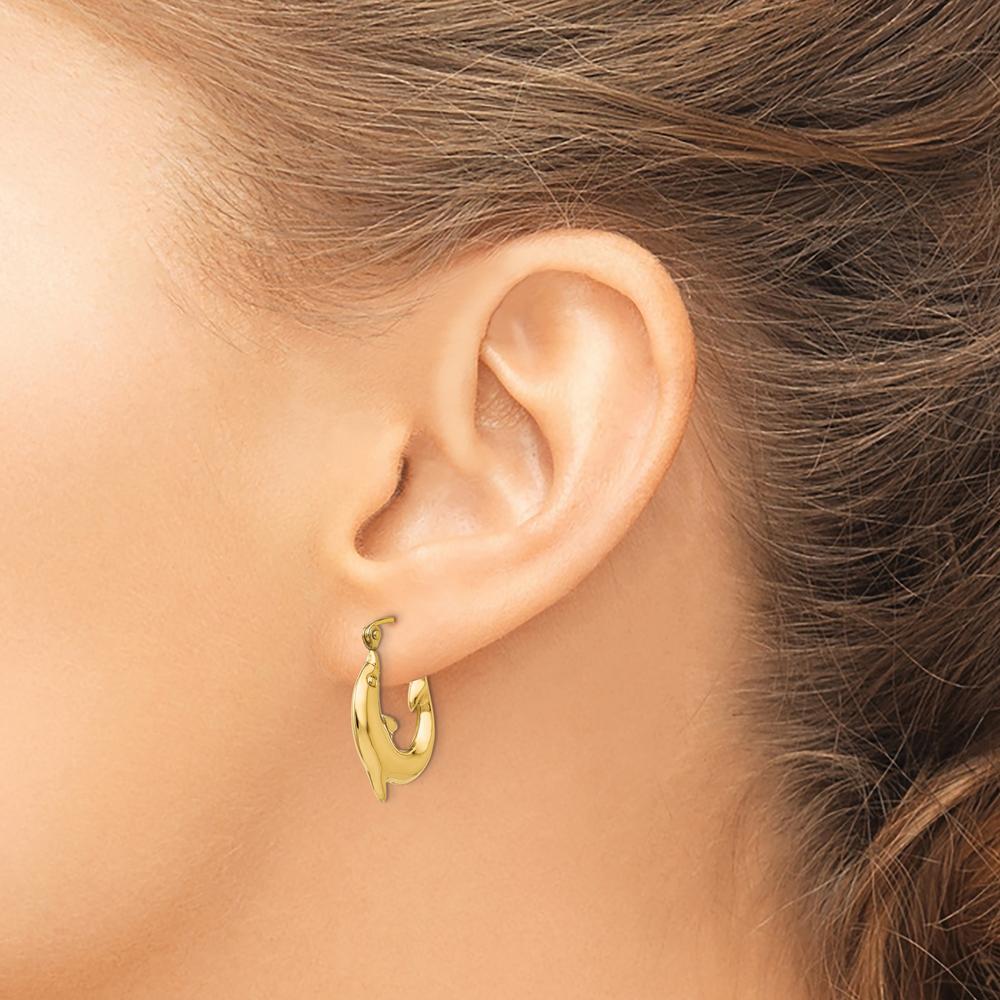 14K Yellow Gold Polished Dolphin Hoop Earrings - Unique Shrimp Style Design by 0