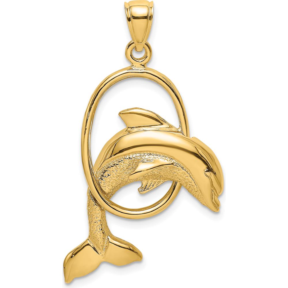 14K Yellow Gold Polished Dolphin Jumping Through Textured Hoop Charm by Oro Pregiato