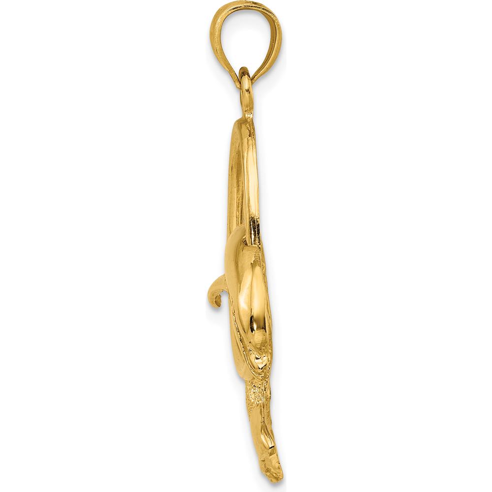 14K Yellow Gold Polished Dolphin Jumping Through Textured Hoop Charm by Oro Pregiato