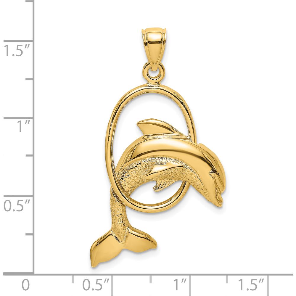 14K Yellow Gold Polished Dolphin Jumping Through Textured Hoop Charm by Oro Pregiato