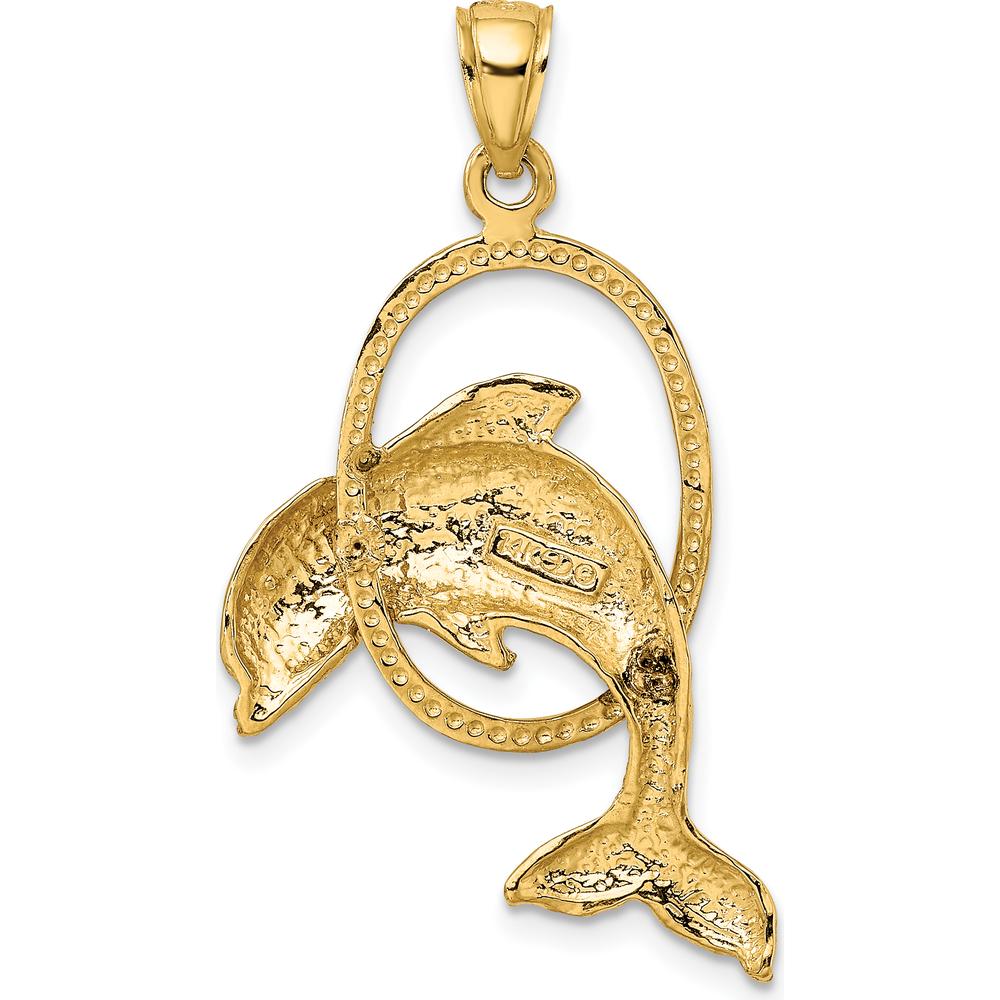 14K Yellow Gold Polished Dolphin Jumping Through Textured Hoop Charm by Oro Pregiato