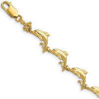 14K Yellow Gold Polished Dolphin Station Bracelet - 7.25" Length by Oro Pregiato