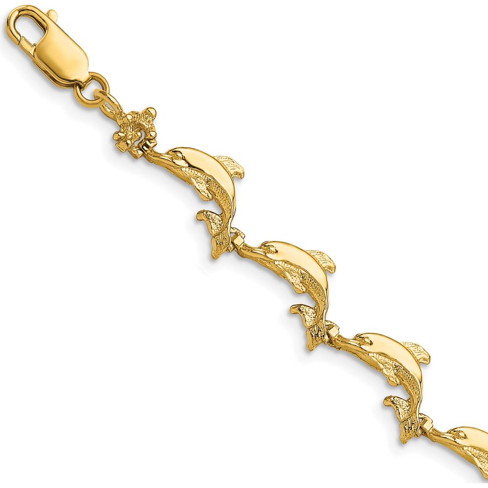 14K Yellow Gold Polished Dolphin Station Bracelet - 7.25" Length by Oro Pregiato