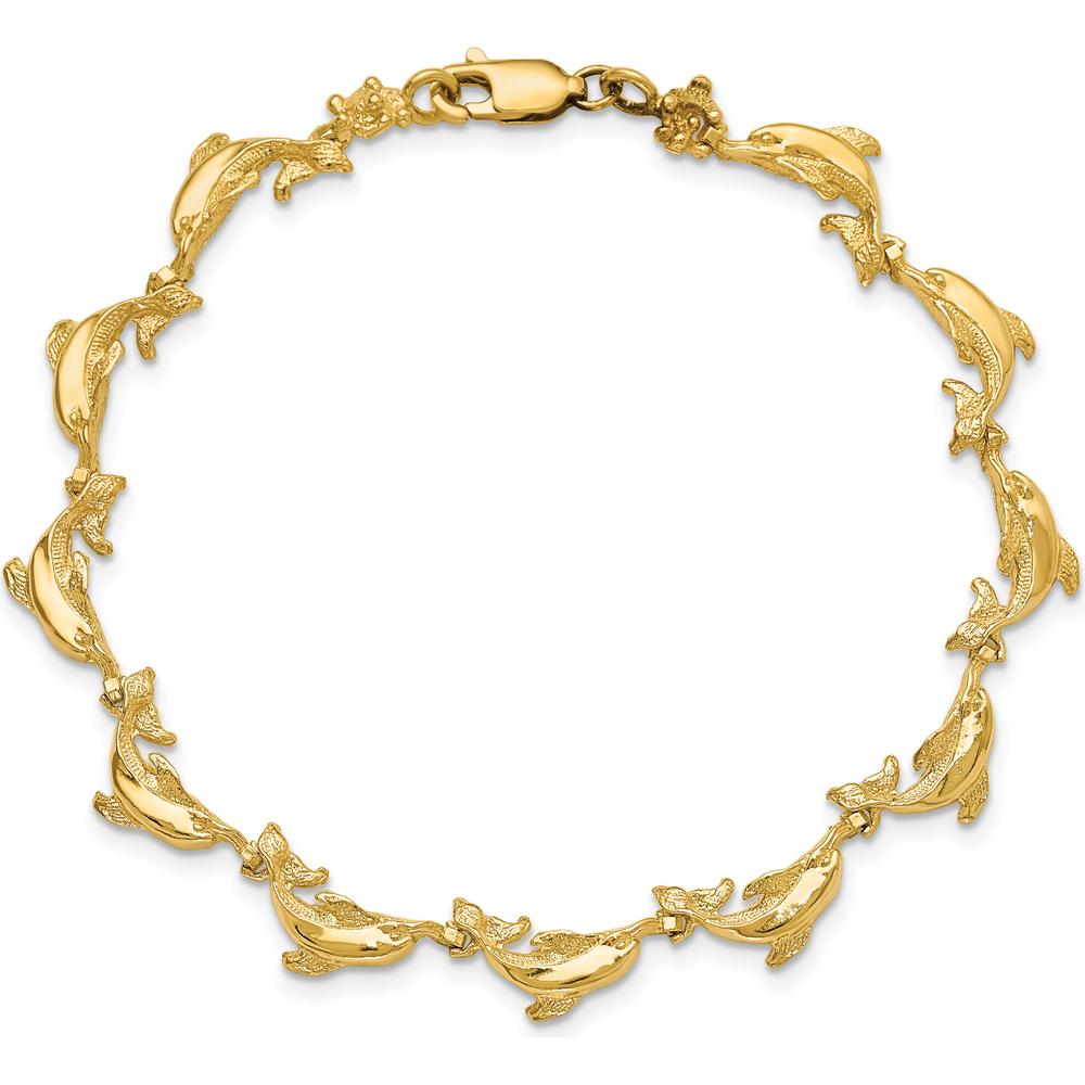 14K Yellow Gold Polished Dolphin Station Bracelet - 7.25" Length by Oro Pregiato