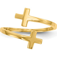 14K Yellow Gold Polished Double Cross Ring - Faith-Inspired Minimalist Design by Oro Pregiato
