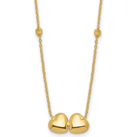 14K Yellow Gold Polished Double Heart Necklace with Diamond-Cut Beads - 16" + 2" Extender by Oro Pregiato