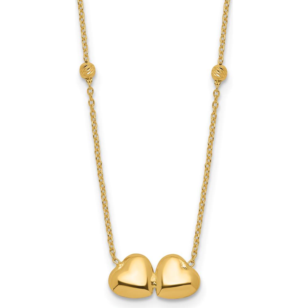 14K Yellow Gold Polished Double Heart Necklace with Diamond-Cut Beads - 16" + 2" Extender by Oro Pregiato