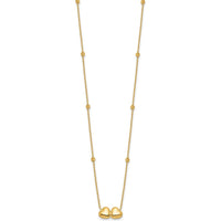14K Yellow Gold Polished Double Heart Necklace with Diamond-Cut Beads - 16" + 2" Extender by Oro Pregiato