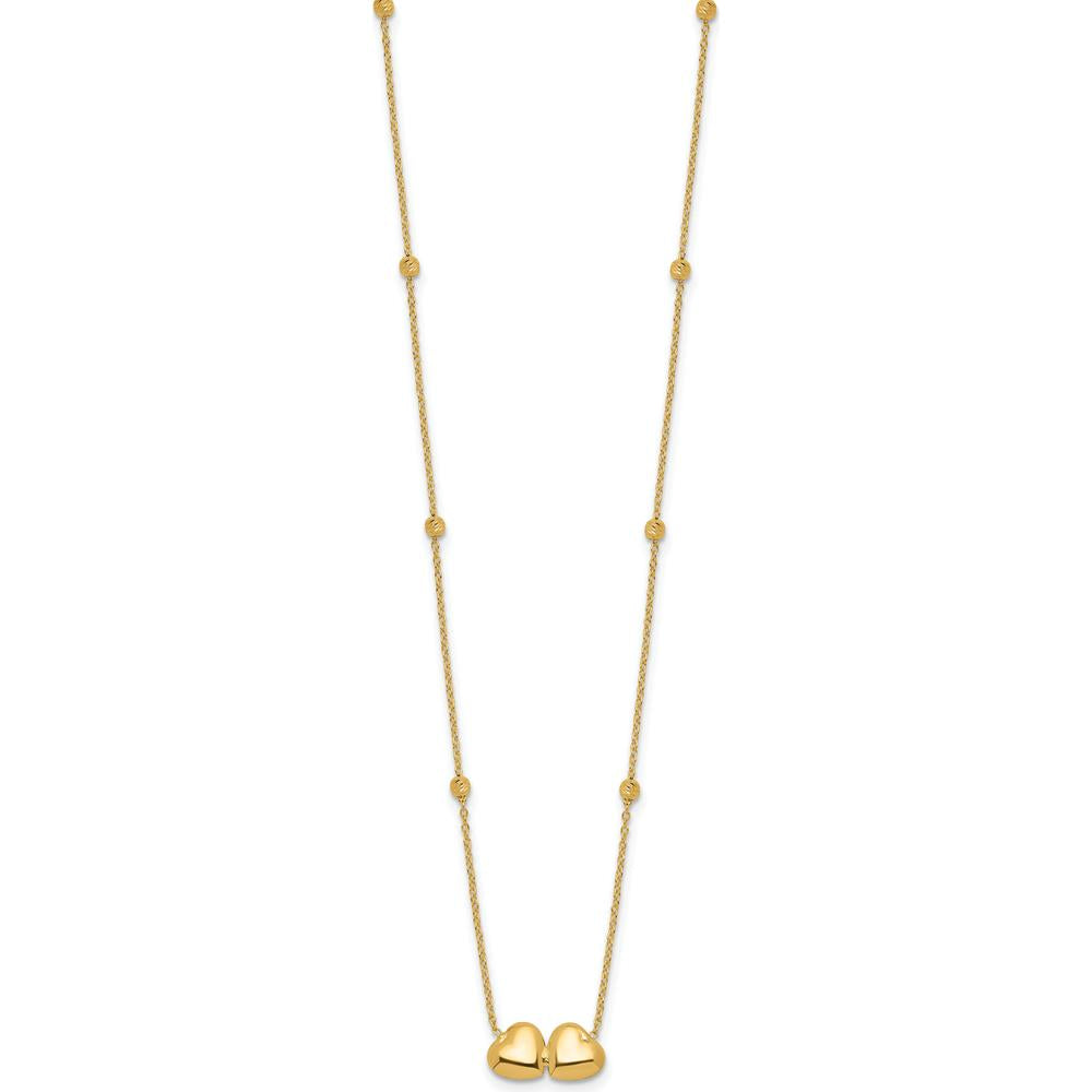 14K Yellow Gold Polished Double Heart Necklace with Diamond-Cut Beads - 16" + 2" Extender by Oro Pregiato