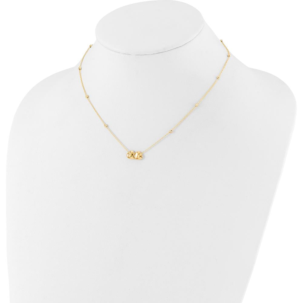 14K Yellow Gold Polished Double Heart Necklace with Diamond-Cut Beads - 16" + 2" Extender by Oro Pregiato