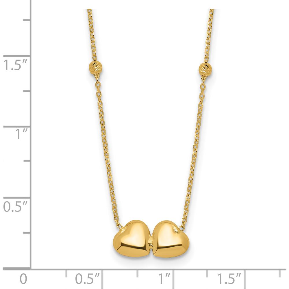 14K Yellow Gold Polished Double Heart Necklace with Diamond-Cut Beads - 16" + 2" Extender by Oro Pregiato