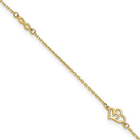 14K Yellow Gold Polished Double Hearts and Infinity Anklet with 1" Extender - 10" Total Length