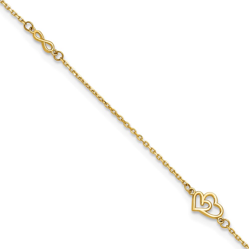 14K Yellow Gold Polished Double Hearts and Infinity Anklet with 1" Extender - 10" Total Length