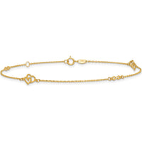 14K Yellow Gold Polished Double Hearts and Infinity Anklet with 1" Extender - 10" Total Length