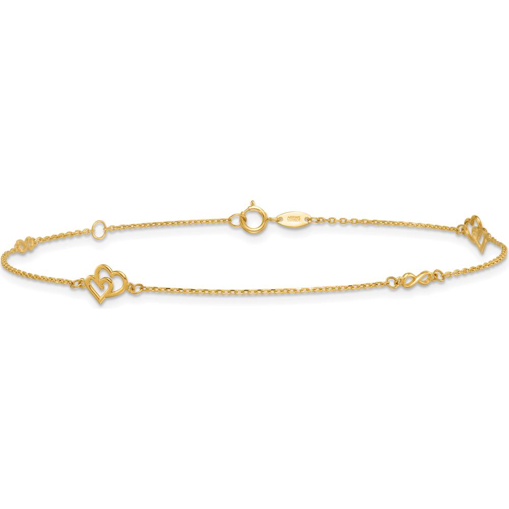 14K Yellow Gold Polished Double Hearts and Infinity Anklet with 1" Extender - 10" Total Length