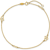 14K Yellow Gold Polished Double Hearts and Infinity Anklet with 1" Extender - 10" Total Length