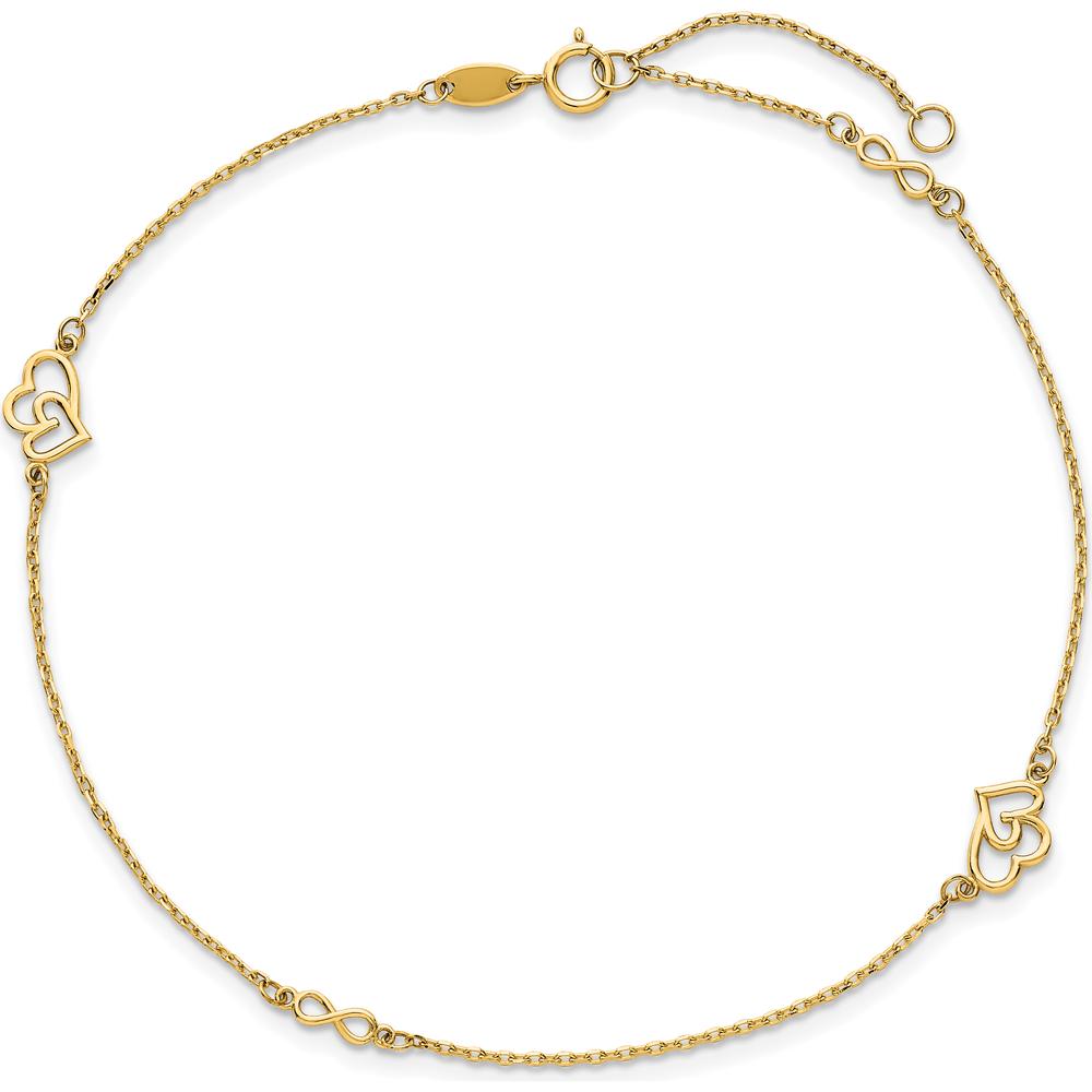 14K Yellow Gold Polished Double Hearts and Infinity Anklet with 1" Extender - 10" Total Length