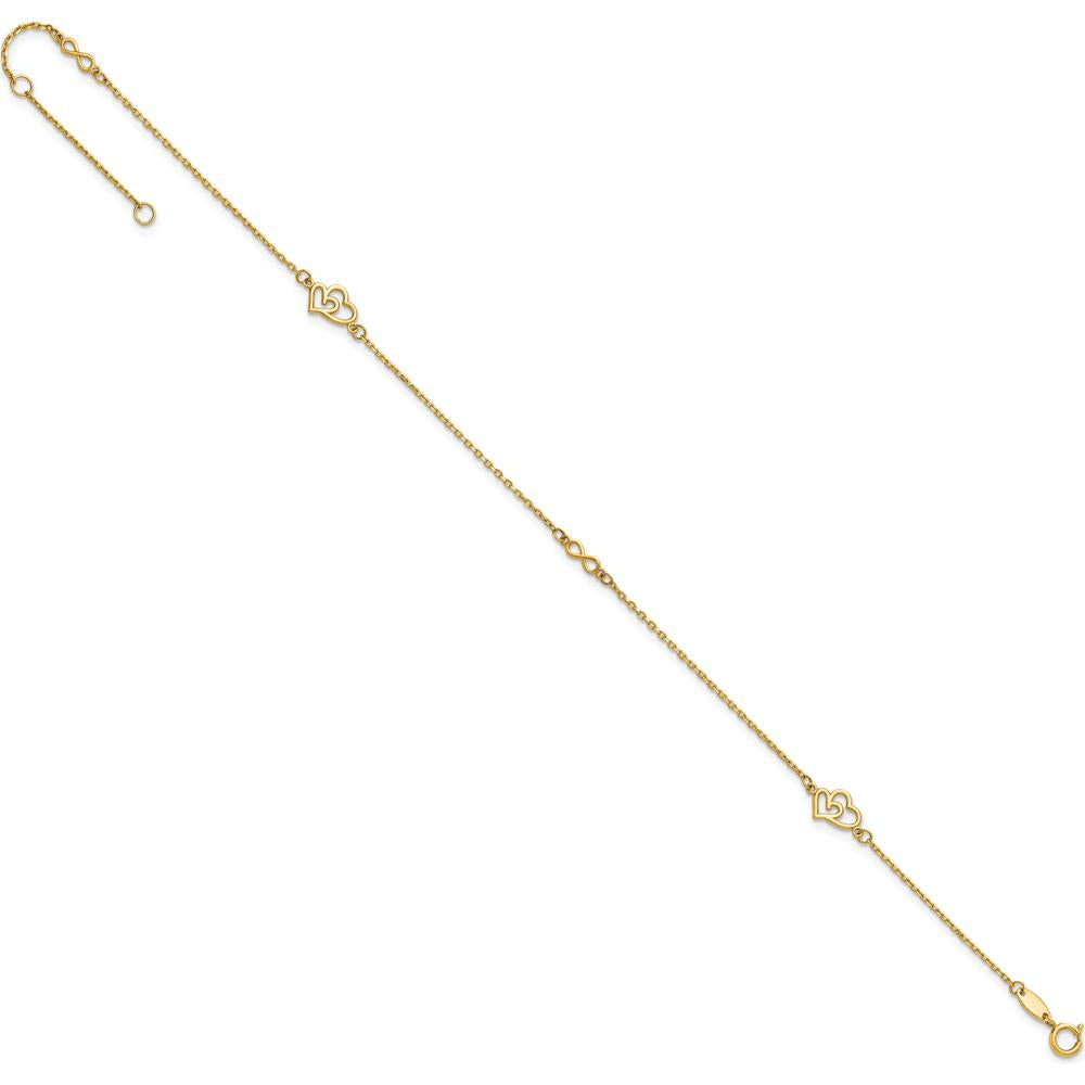 14K Yellow Gold Polished Double Hearts and Infinity Anklet with 1" Extender - 10" Total Length