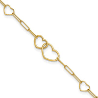 14K Yellow Gold Polished Double Hearts and Paper Clip Links 7.5" Bracelet by 0