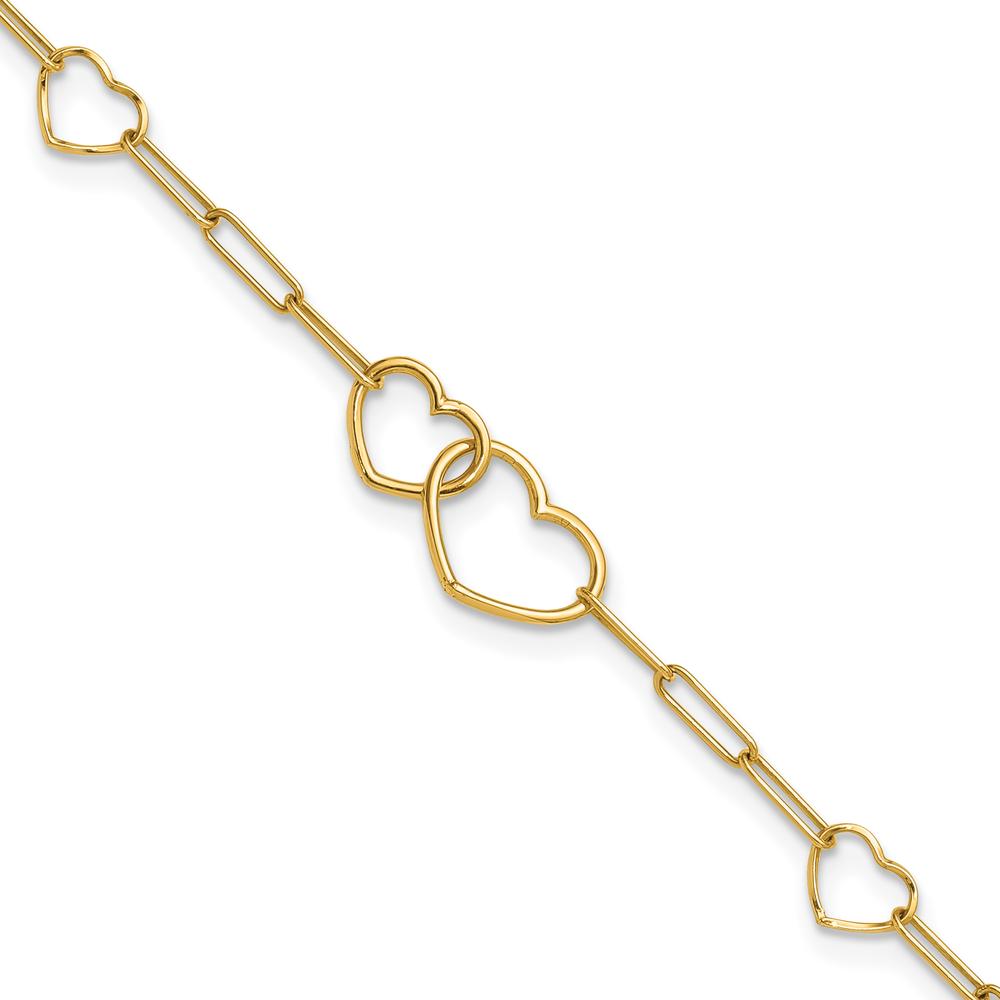 14K Yellow Gold Polished Double Hearts and Paper Clip Links 7.5" Bracelet by 0