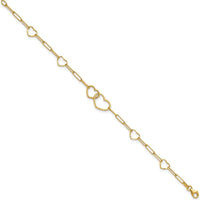 14K Yellow Gold Polished Double Hearts and Paper Clip Links 7.5" Bracelet by 0