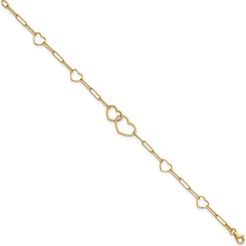 14K Yellow Gold Polished Double Hearts and Paper Clip Links 7.5" Bracelet by 0