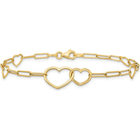 14K Yellow Gold Polished Double Hearts and Paper Clip Links 7.5" Bracelet by 0