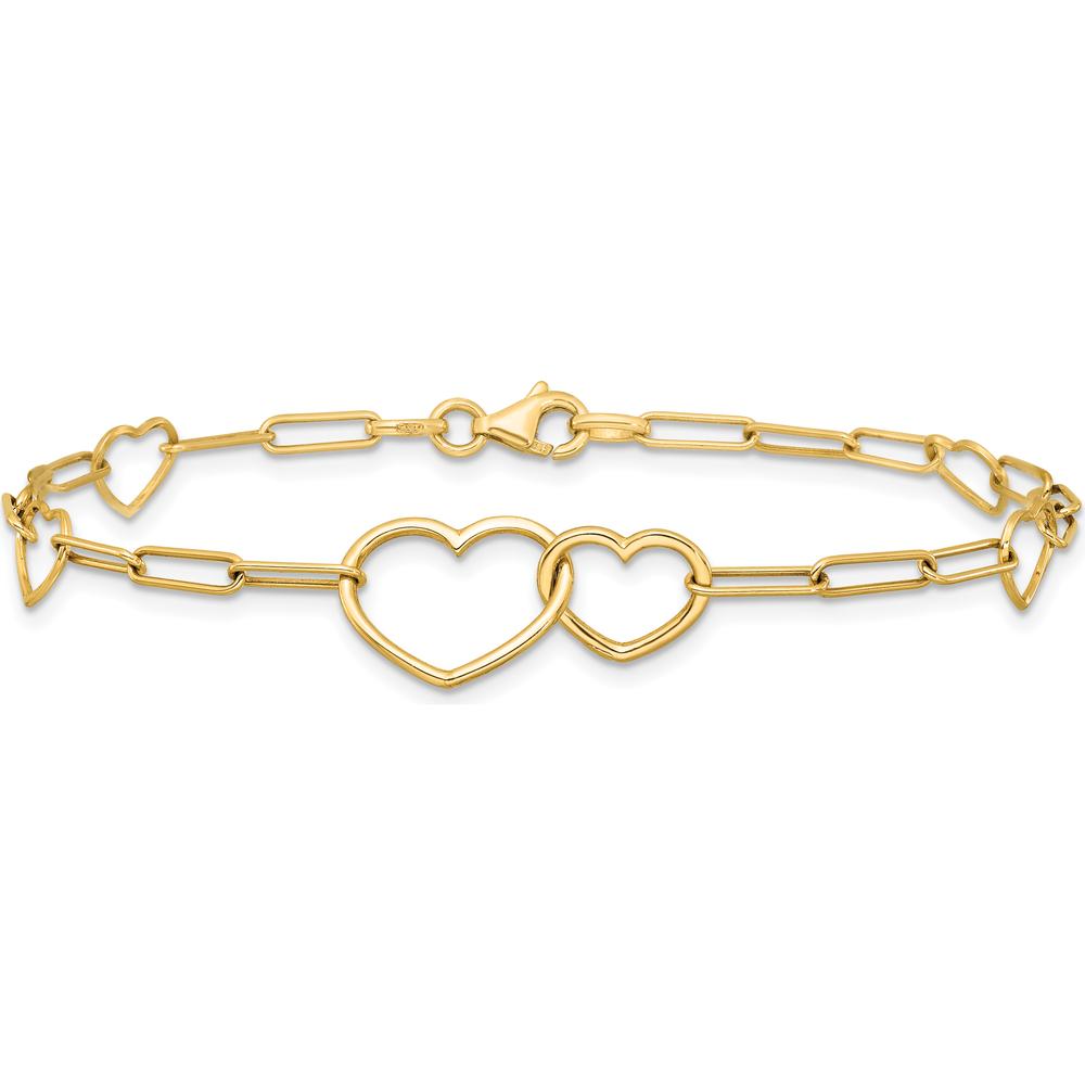 14K Yellow Gold Polished Double Hearts and Paper Clip Links 7.5" Bracelet by 0
