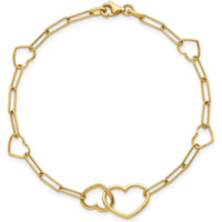 14K Yellow Gold Polished Double Hearts and Paper Clip Links 7.5" Bracelet by 0