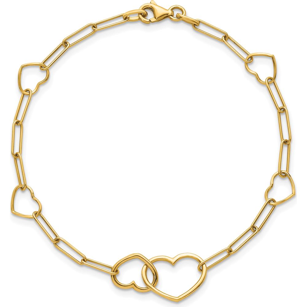 14K Yellow Gold Polished Double Hearts and Paper Clip Links 7.5" Bracelet by 0