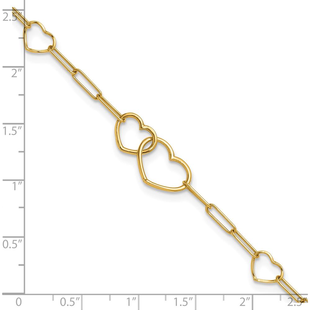 14K Yellow Gold Polished Double Hearts and Paper Clip Links 7.5" Bracelet by 0