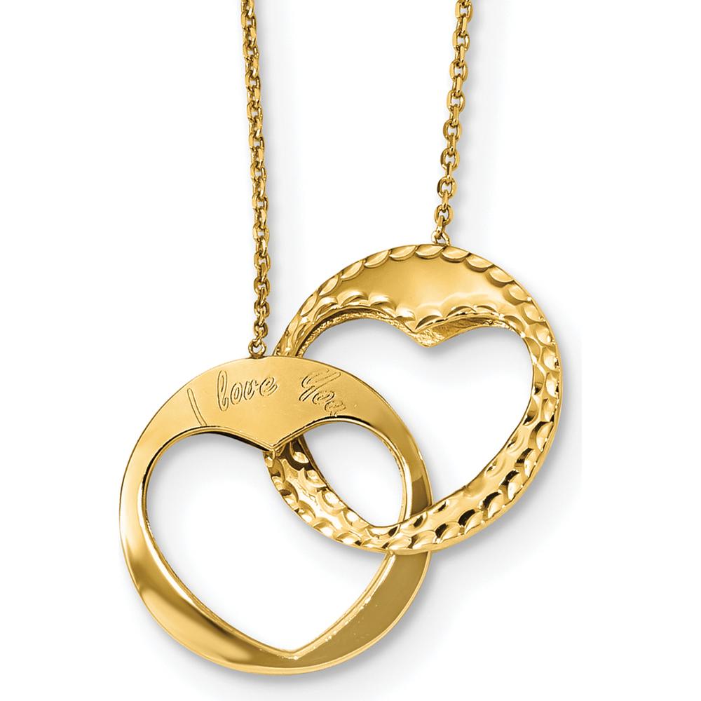 14K Yellow Gold Polished Double Interlocking Hearts Necklace with I LOVE YOU Engraving - 16” with 1” Extender by Oro Pregiato