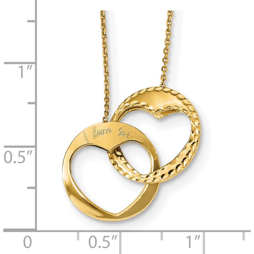 14K Yellow Gold Polished Double Interlocking Hearts Necklace with I LOVE YOU Engraving - 16” with 1” Extender by Oro Pregiato