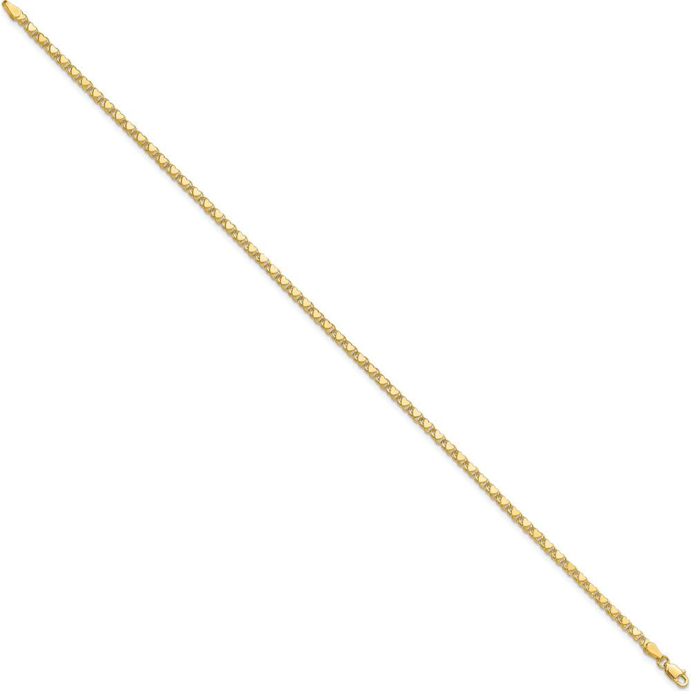 14K Yellow Gold Polished Double-Sided Heart Charm Bracelet with 3mm Double Link - 7" Length