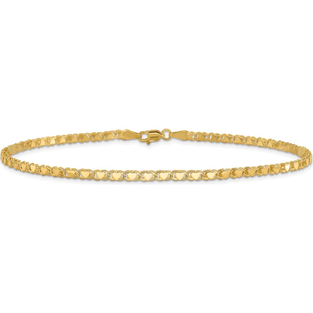 14K Yellow Gold Polished Double-Sided Heart Charm Bracelet with 3mm Double Link - 7" Length