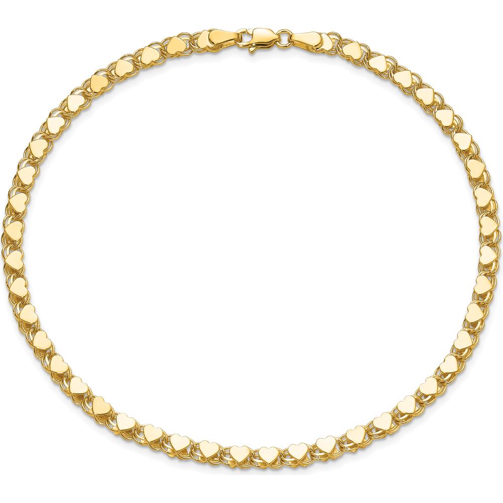 14K Yellow Gold Polished Double-Sided Hearts 9" Anklet