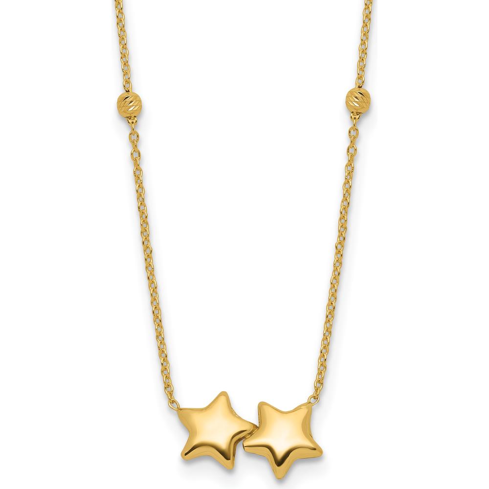 14K Yellow Gold Polished Double Star Necklace with Diamond-Cut Beads and 2" Extender by 0