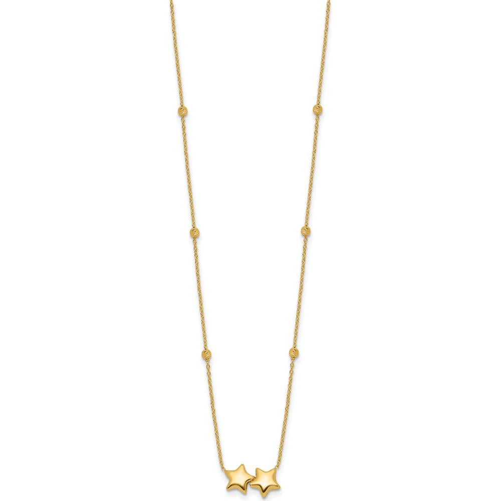 14K Yellow Gold Polished Double Star Necklace with Diamond-Cut Beads and 2" Extender by 0