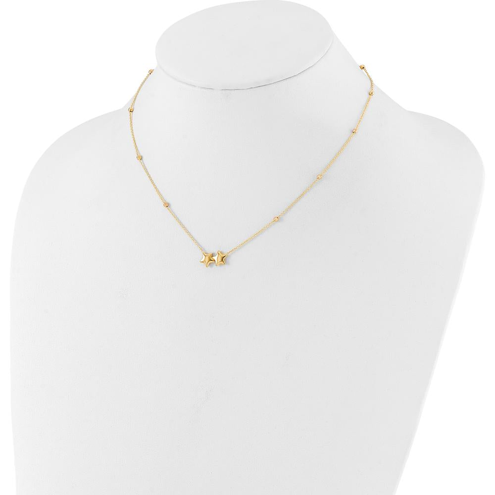 14K Yellow Gold Polished Double Star Necklace with Diamond-Cut Beads and 2" Extender by 0