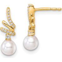 14K Yellow Gold Polished Drop Earrings with 1/10 Carat Diamonds and White Freshwater Cultured Pearls by Monteluci Fine Jewelry