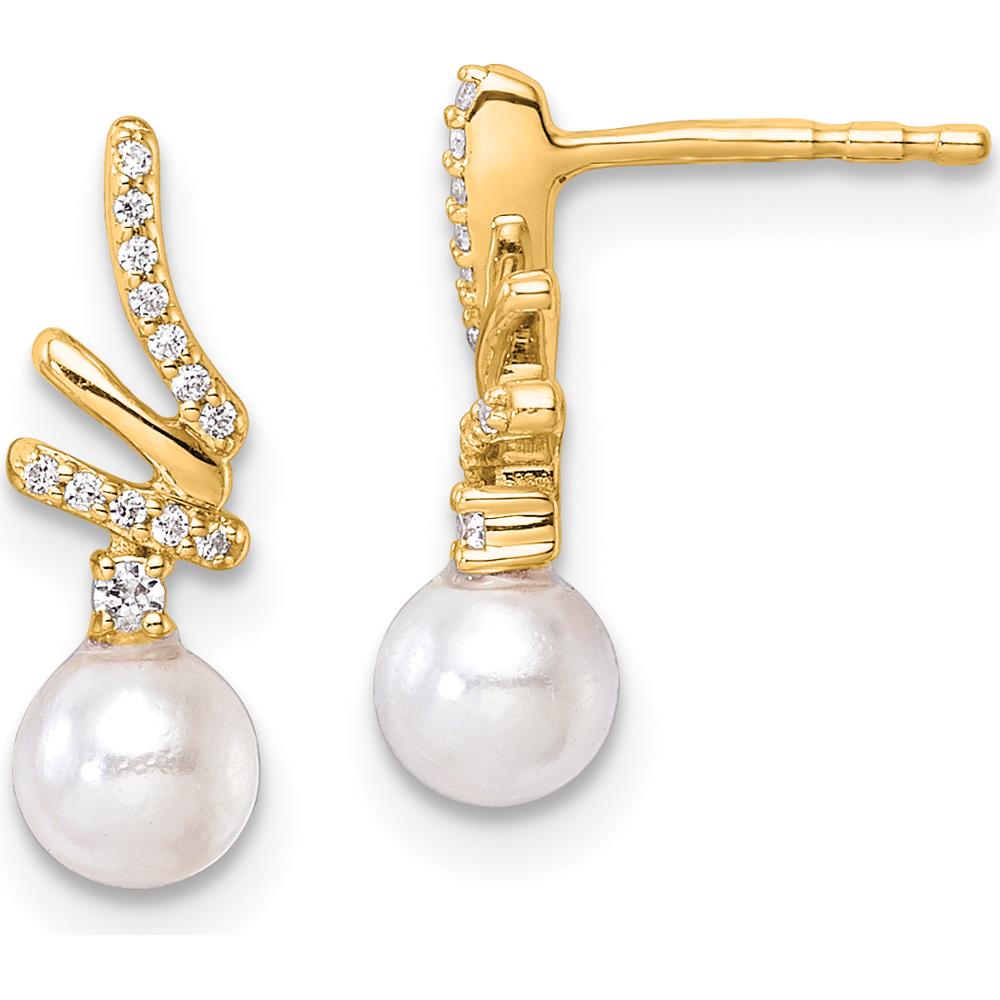 14K Yellow Gold Polished Drop Earrings with 1/10 Carat Diamonds and White Freshwater Cultured Pearls by Monteluci Fine Jewelry
