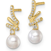 14K Yellow Gold Polished Drop Earrings with 1/10 Carat Diamonds and White Freshwater Cultured Pearls by Monteluci Fine Jewelry