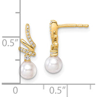 14K Yellow Gold Polished Drop Earrings with 1/10 Carat Diamonds and White Freshwater Cultured Pearls by Monteluci Fine Jewelry