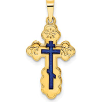 14K Yellow Gold Polished Eastern Orthodox Blue Enamel Solid Cross Pendant - 26.2mm Length by Oro Pregiato
