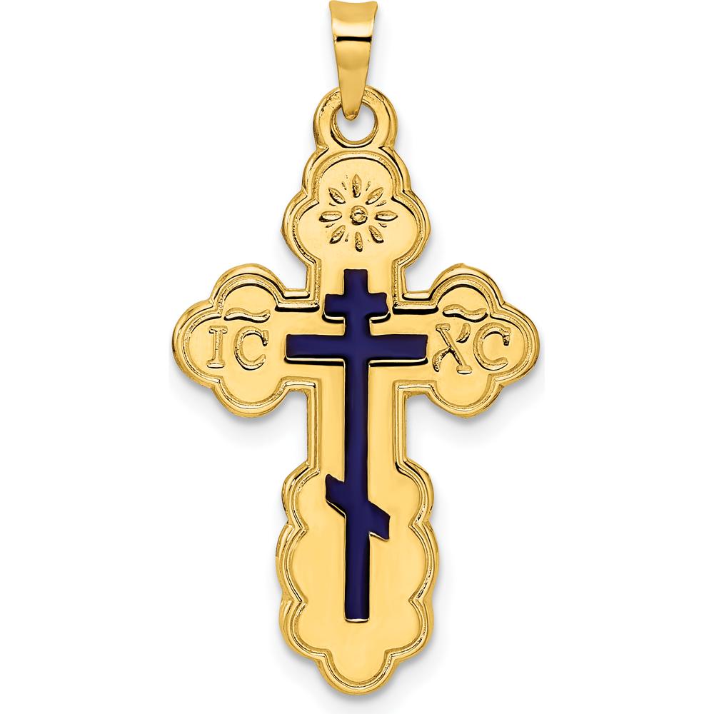 14K Yellow Gold Polished Eastern Orthodox Blue Enamel Solid Cross Pendant - 33.15mm Length by Oro Pregiato