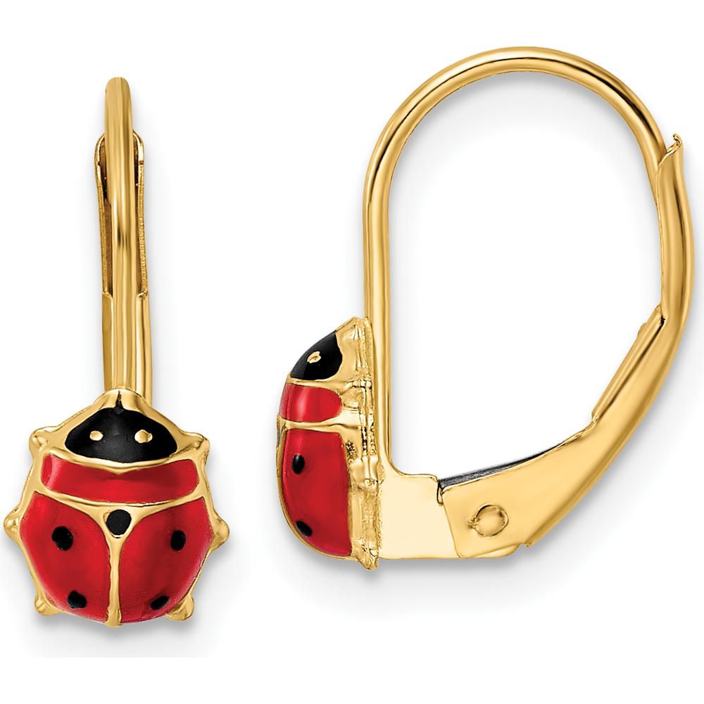 14K Yellow Gold Polished Enameled Ladybug Drop Earrings with Red and Black Enamel Detailing by Oro Pregiato