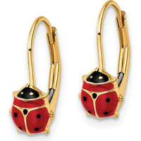 14K Yellow Gold Polished Enameled Ladybug Drop Earrings with Red and Black Enamel Detailing by Oro Pregiato